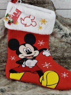 Disney Mickey Mouse Plush Christmas Stocking With Embroidered Cuff - Red & White